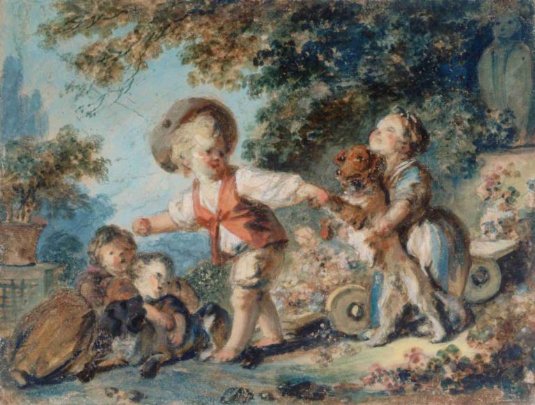 Enfants jouant avec deux chiens,Kinderen spelen met twee honden,Jean-Honoré Fragonard,Olieverf,Olieverf, hond