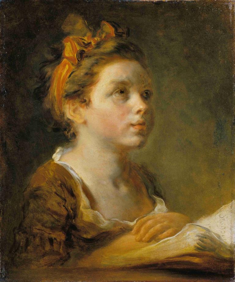 Girl reading a book,Meisje leest een boek,Jean-Honoré Fragonard,Olieverf,Olieverf, parodie op beeldende kunst