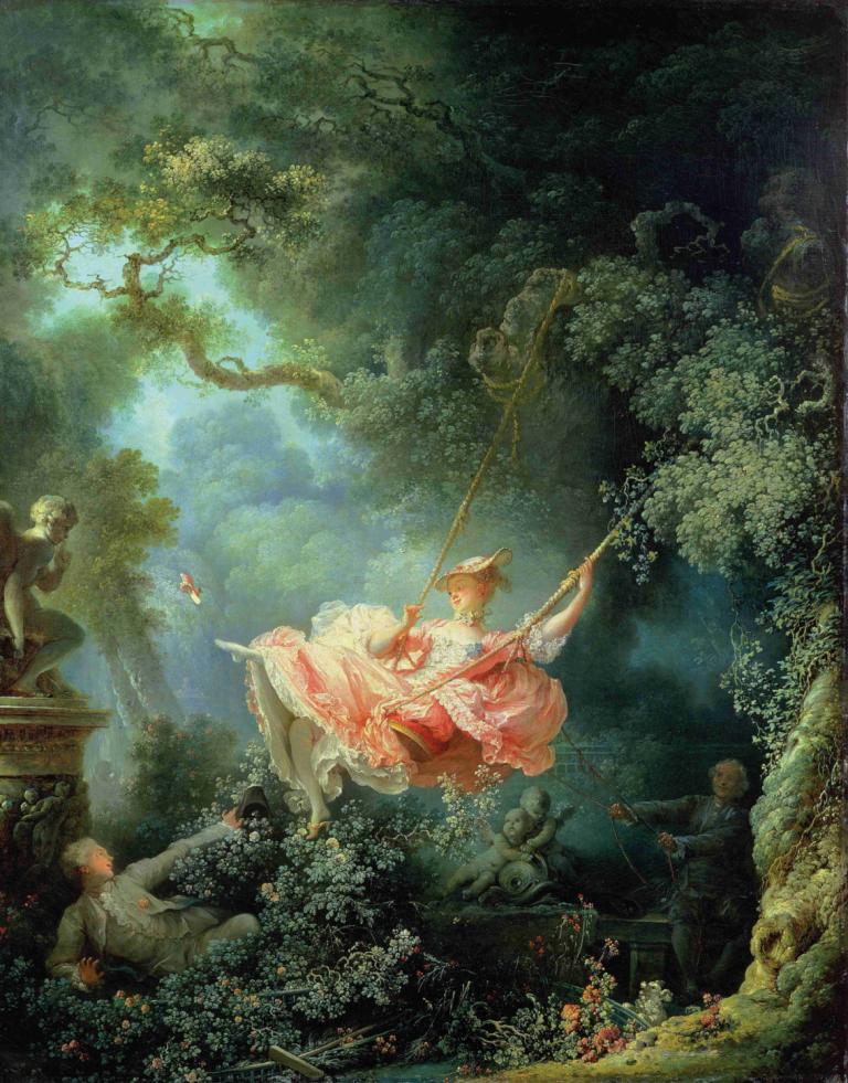 Happy Accidents on the Swing,Gelukkige ongelukjes op de schommel,Jean-Honoré Fragonard,Olieverf,Olieverf