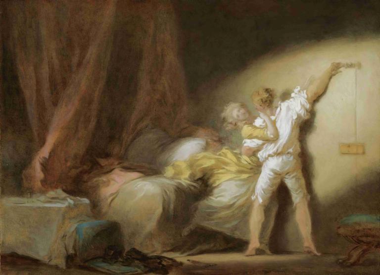 Le Verrou (The Bolt),De bout,Jean-Honoré Fragonard,Olieverf,Olieverf, parodie op beeldende kunst