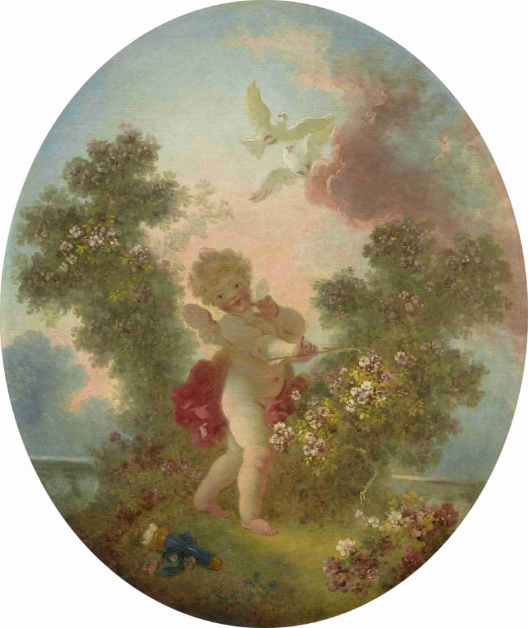 Love The Sentinel,Liefde voor de Sentinel,Jean-Honoré Fragonard,Olieverf,Olieverf, vogel, 1meisje, gras