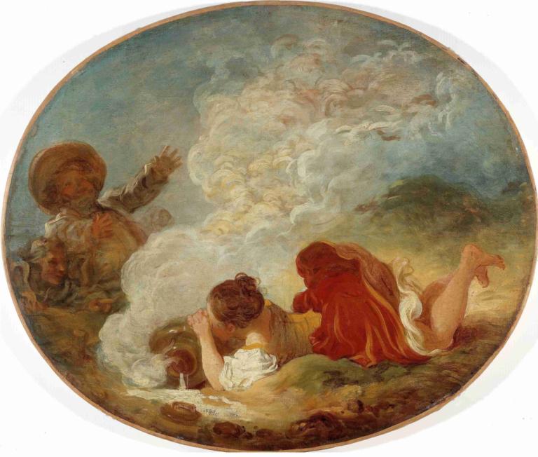 Perrette et le pot au lait,Perrette och mjölkkannan,Jean-Honoré Fragonard,Oljemålning,Oljemålning, pekande