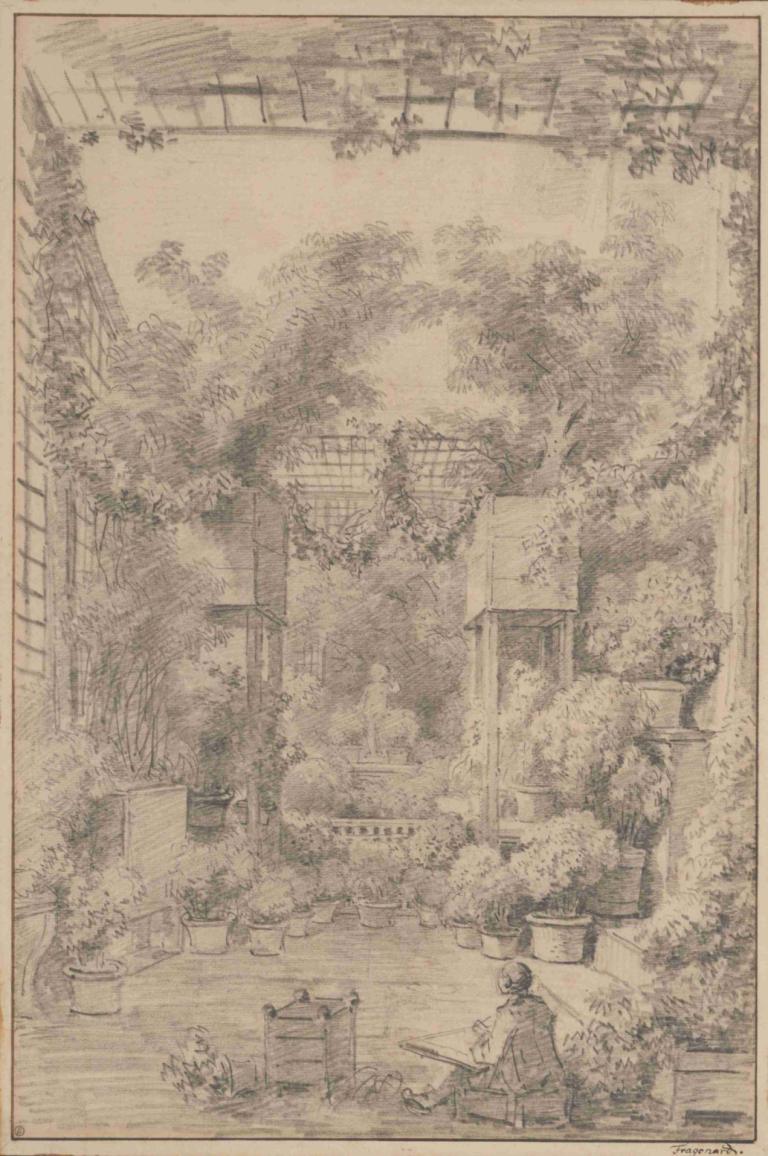 The Draftsman,Jean-Honoré Fragonard,Pengetsaan Pelat Tembaga,Pengetsaan Pelat Tembaga, satu warna, tanaman