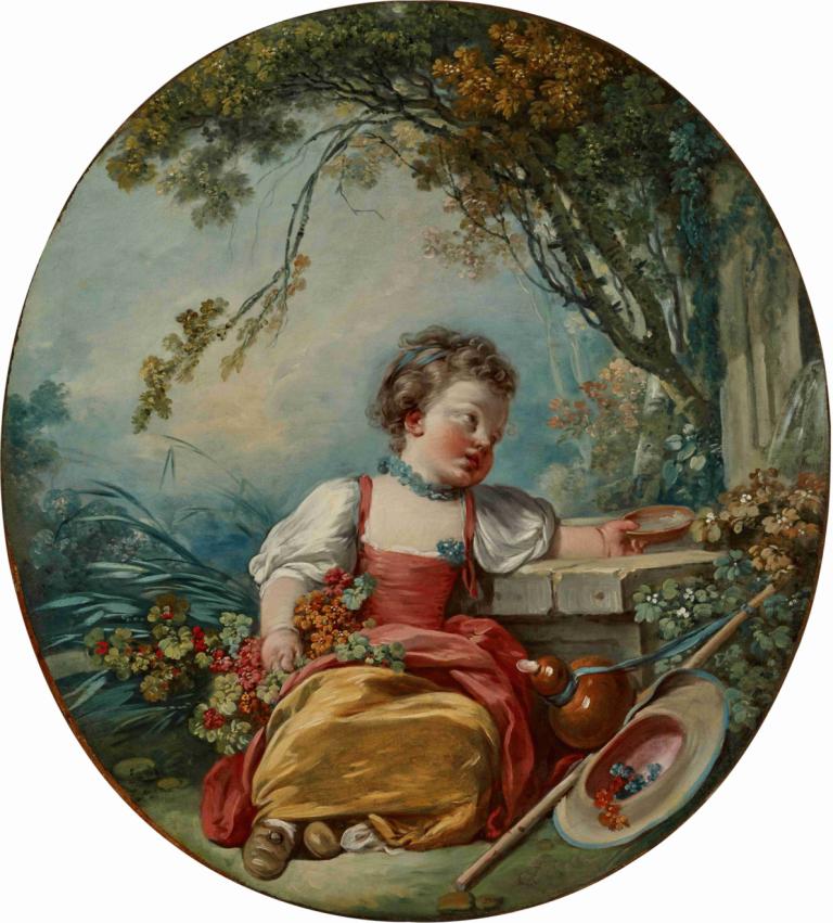 The Little Pilgrim,リトル・ピルグリム,Jean-Honoré Fragonard,ジャン＝オノレ・フラゴナール,油絵,油絵, 1女の子, ソロ, 美術パロディ, 木, 花, ジュエリー, ドレス