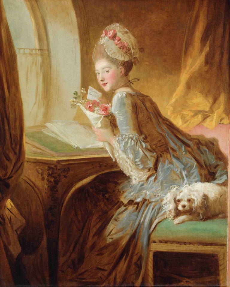 The Love Letter,ラブレター,Jean-Honoré Fragonard,ジャン＝オノレ・フラゴナール,油絵,油絵, 1女の子, 花, ドレス, 犬, 美術パロディ, 花束, カーテン, 現実的な