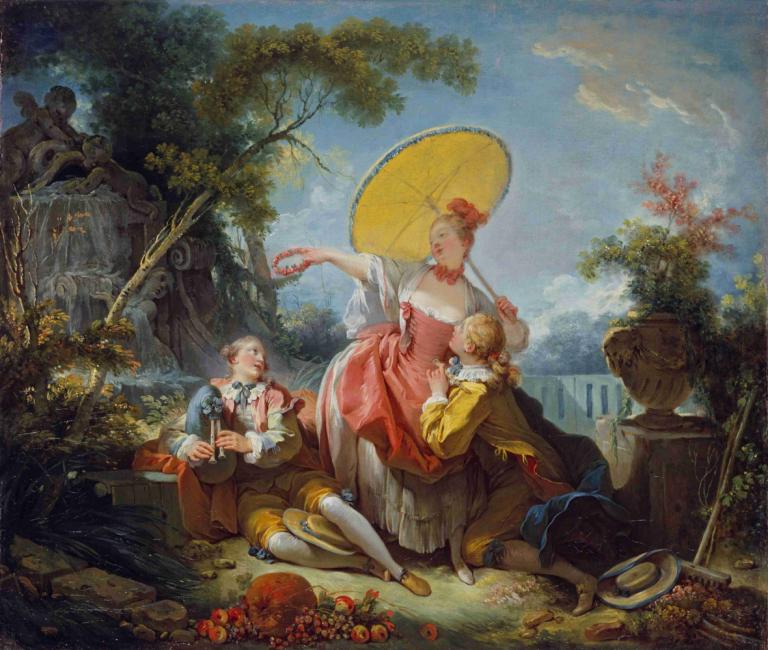 The Musical Contest,뮤지컬 콘테스트,Jean-Honoré Fragonard,장-호노레 프라고나르,오일 페인팅,오일 페인팅, 미술 패러디, 나무, 우산, 여러 여자, 옥외, 좌석