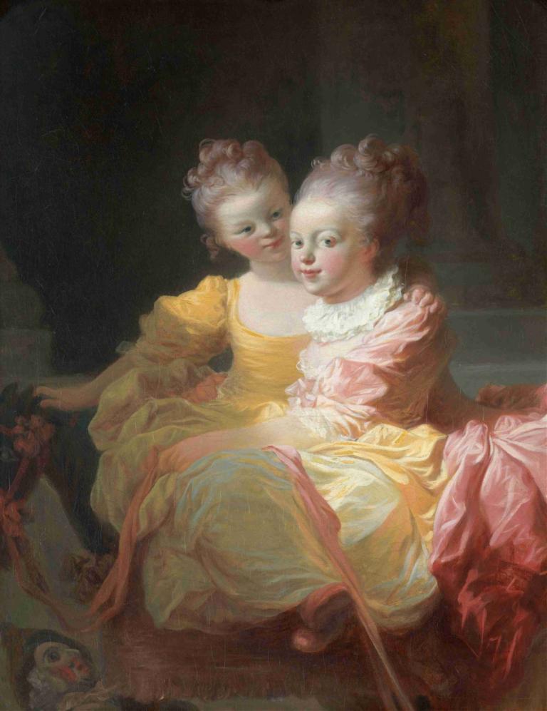 The Two Sisters,두 자매,Jean-Honoré Fragonard,장-호노레 프라고나르,오일 페인팅,오일 페인팅, 미술 패러디, 여러 여자, 드레스, 여자 2명, 좌석, 노란 드레스