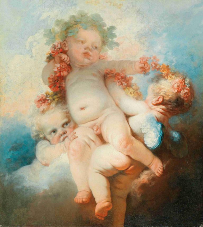 Three Putti crowned with flowers,꽃으로 장식된 세 개의 퍼티,Jean-Honoré Fragonard,장-호노레 프라고나르,오일 페인팅,오일 페인팅, 미술 패러디, 꽃