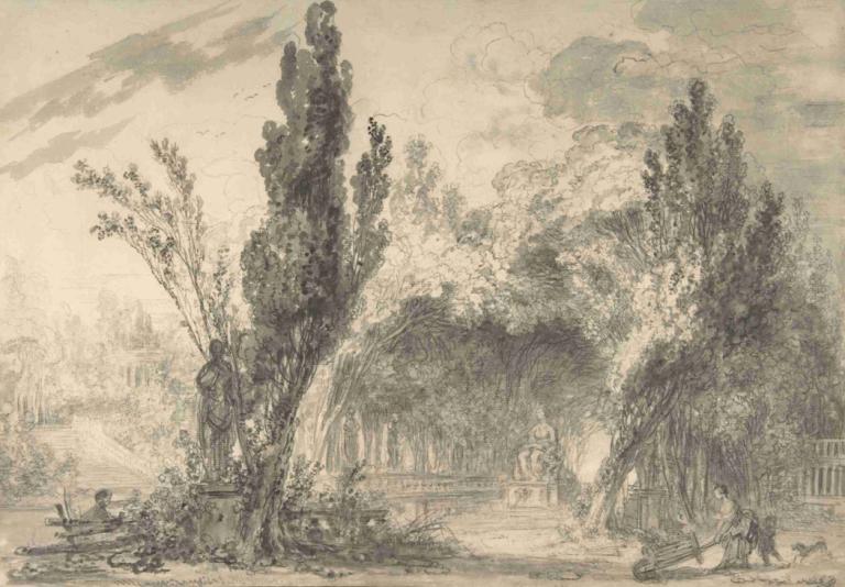 View of a Park,Uitzicht op een park,Jean-Honoré Fragonard,Koperplaatetsing,Koperplaatetsing, boom, monochroom