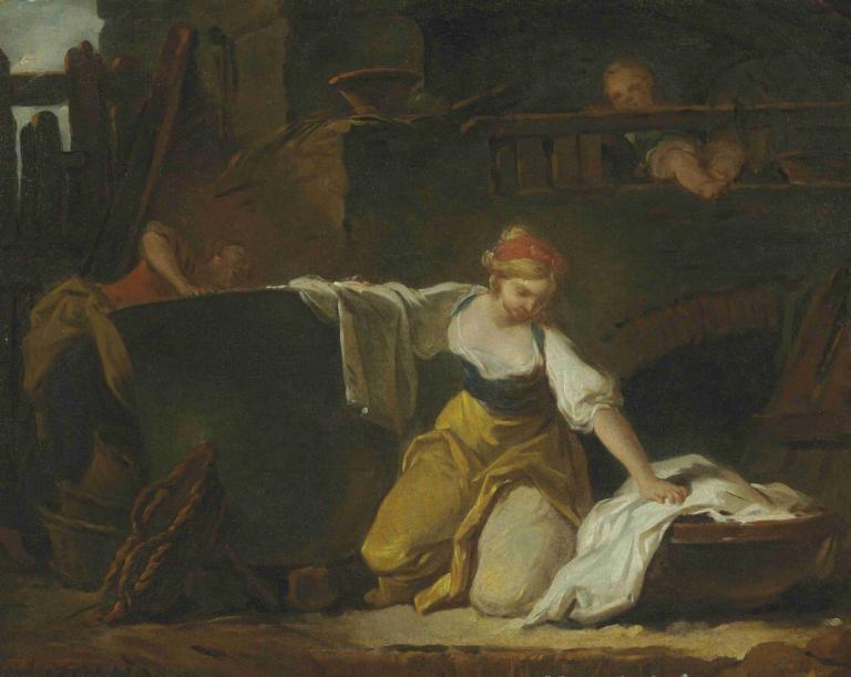 Young Washerwomen,Jonge wasvrouwen,Jean-Honoré Fragonard,Olieverf,Olieverf, parodie op beeldende kunst