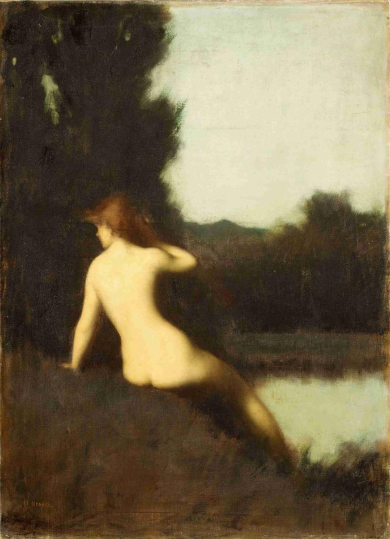 A Bather (Echo),Jean-Jacques Henner,Oil Painting,Oil Painting, solo, nude, ass, 1girl, fine art parody