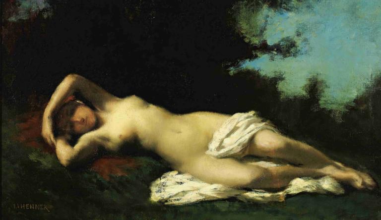 A Nymph In A Wooded Landscape,Een nimf in een bosrijk landschap,Jean-Jacques Henner,Olieverf,Olieverf