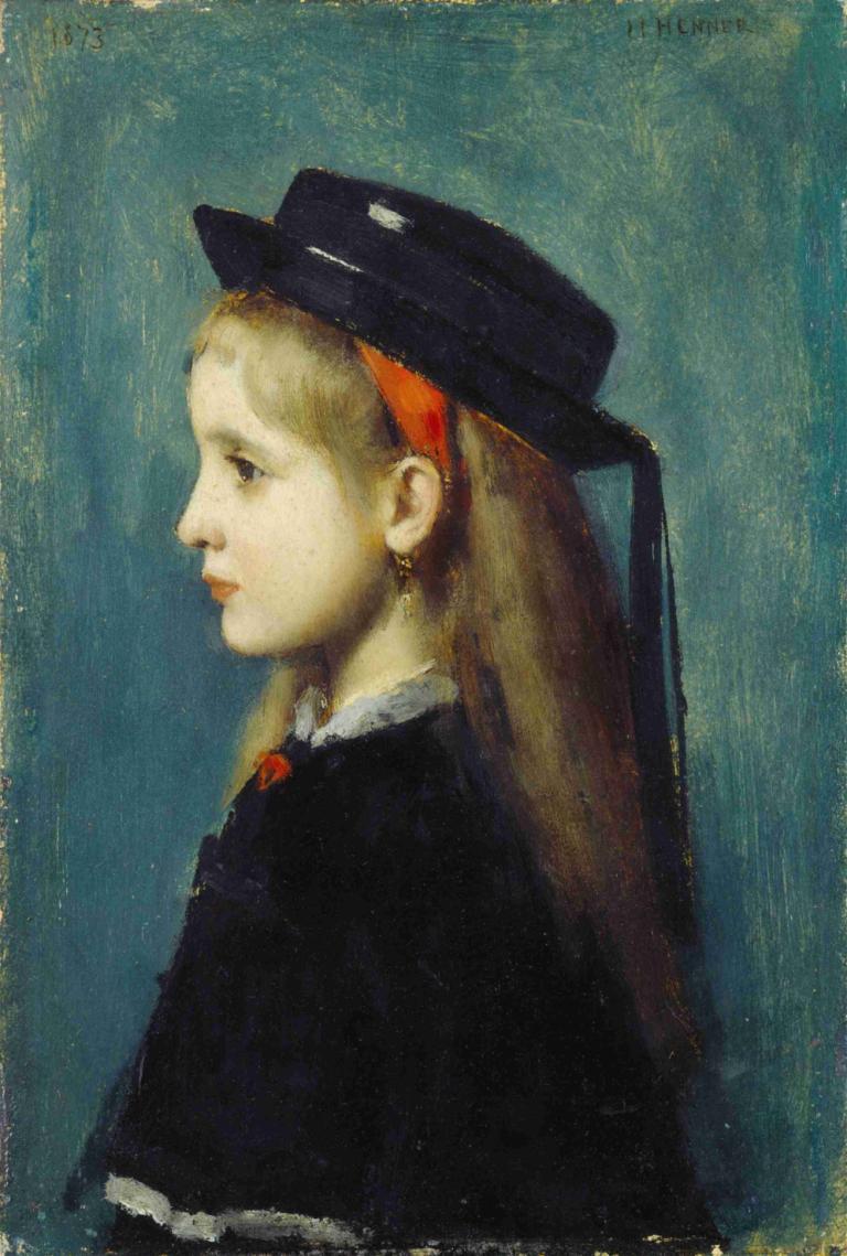 Alsatian Girl,Jean-Jacques Henner,Oil Painting,Oil Painting, 1girl, solo, hat, profile, long hair