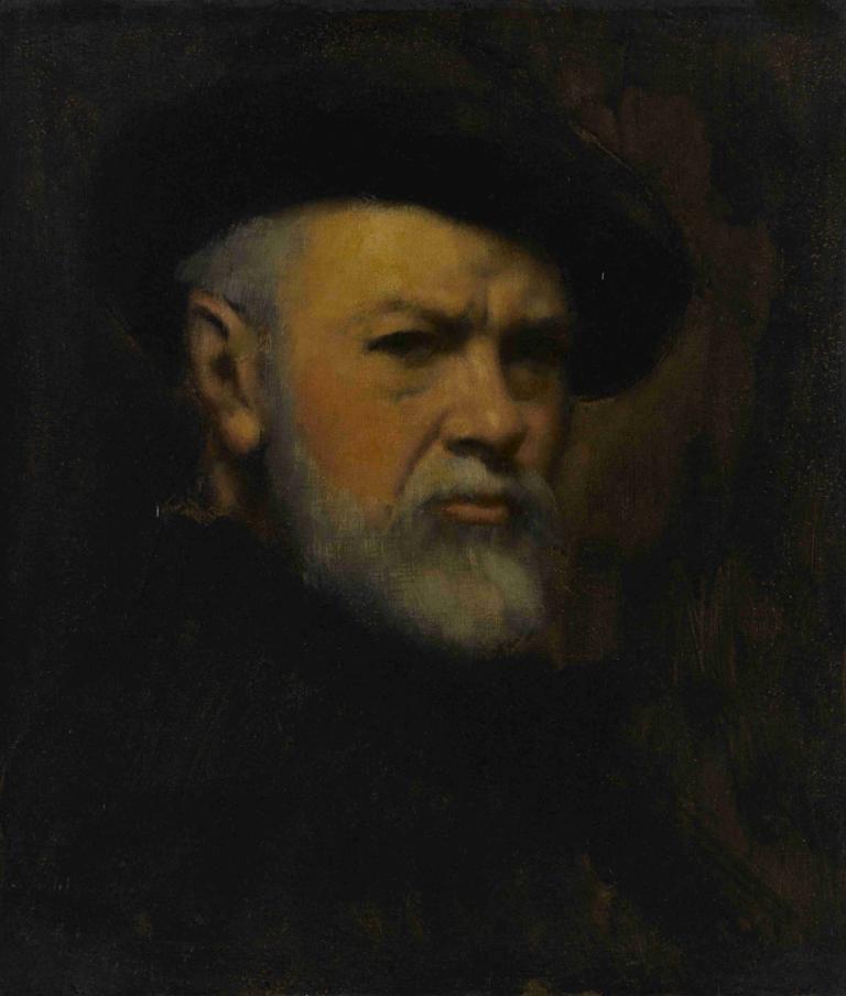 Autoportrait,自画像,Jean-Jacques Henner,ジャン＝ジャック・ヘネル,油絵,油絵, 男の子1名, ソロ, 男性の焦点, 帽子, 顔の毛, あごひげ, 現実的な, 黒い帽子, 肖像画