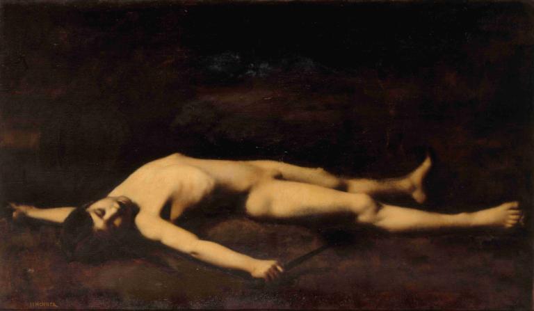 Bara,Jean-Jacques Henner,Oil Painting,Oil Painting, 1girl, solo, nude, fine art parody, lying, realistic