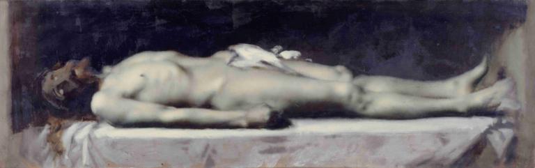 Christ au tombeau,Jean-Jacques Henner,Oil Painting,Oil Painting, solo, nude, lying, 1girl, fine art parody