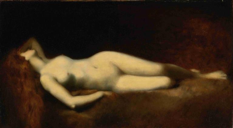 Dormeuse,Jean-Jacques Henner,Oil Painting,Oil Painting, 1girl, solo, nude, nipples, breasts, fine art parody