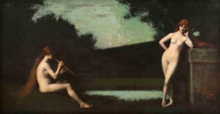 Eglogue,Jean-Jacques Henner,Oil Painting,Oil Painting, fine art parody, nude, long hair, breasts, 1girl