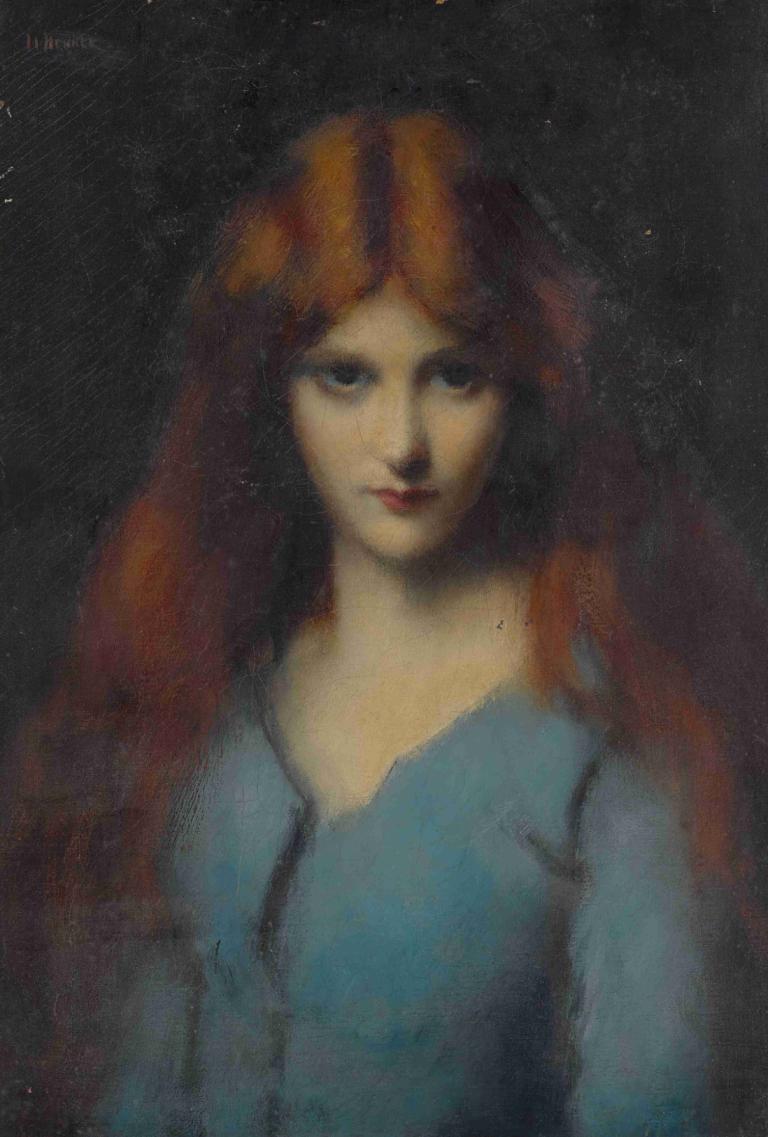 Head Of A Young Girl In A Blue Dress,青いドレスを着た少女の頭部,Jean-Jacques Henner,ジャン＝ジャック・ヘネル,油絵,油絵, 1女の子, ソロ, 長い髪, 上半身