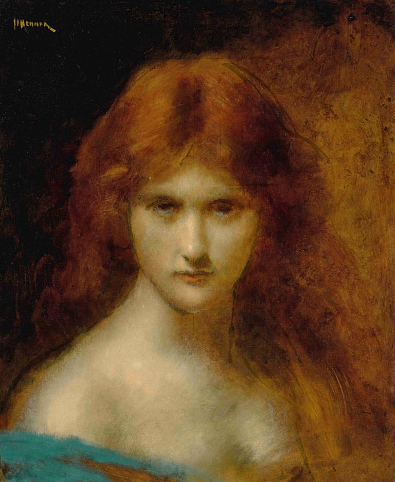 Judith,朱迪思,Jean-Jacques Henner,讓-雅克·亨納,油畫,油畫, 1個女孩, 獨奏, 長髮, 看著觀眾, 實際的, 棕色的頭髮, 傳統媒體, 上半身, 裸露的肩膀, 嘴唇, 繪畫（中）