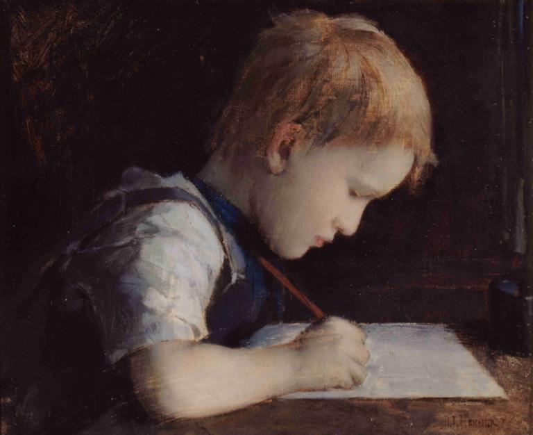 Le petit écriveur,Jean-Jacques Henner,Oil Painting,Oil Painting, solo, 1boy, male focus, blonde hair, profile