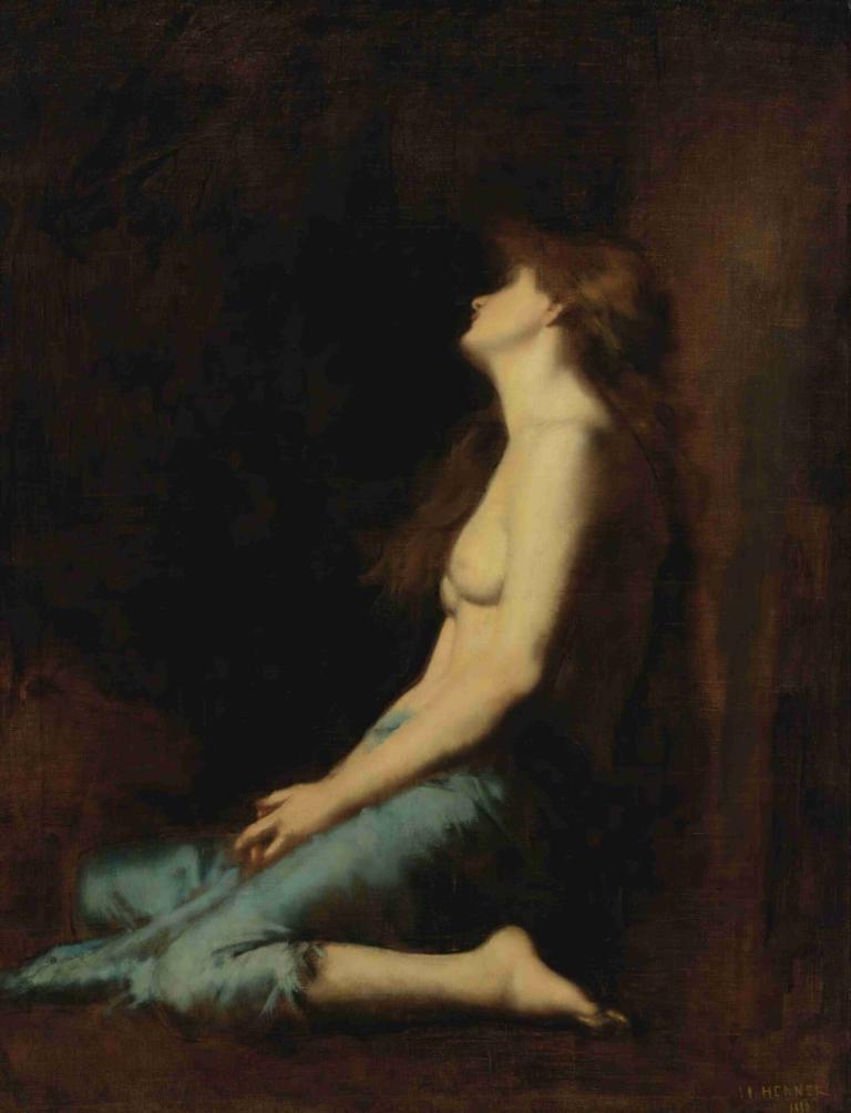 Mary Magdalene,Máří Magdalena,Jean-Jacques Henner,Olejomalba,Olejomalba, 1 dívka, sólo, naboso, nahoře bez