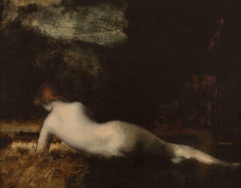 Nymphe couchée,Ležeča nimfa,Jean-Jacques Henner,Oljna slika,Oljna slika, solo, 1 dekle, gola, laganje