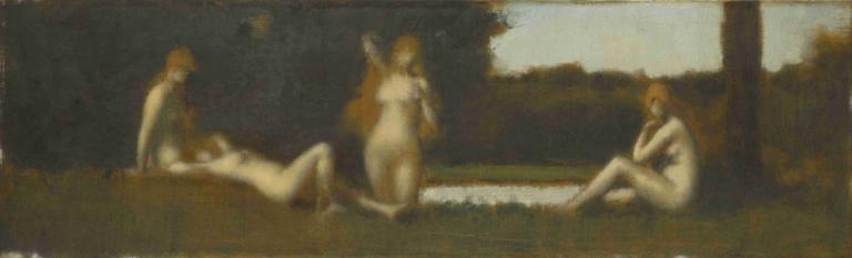 Nymphes à la sortie du bain,Jean-Jacques Henner,Oil Painting,Oil Painting, fine art parody, multiple girls