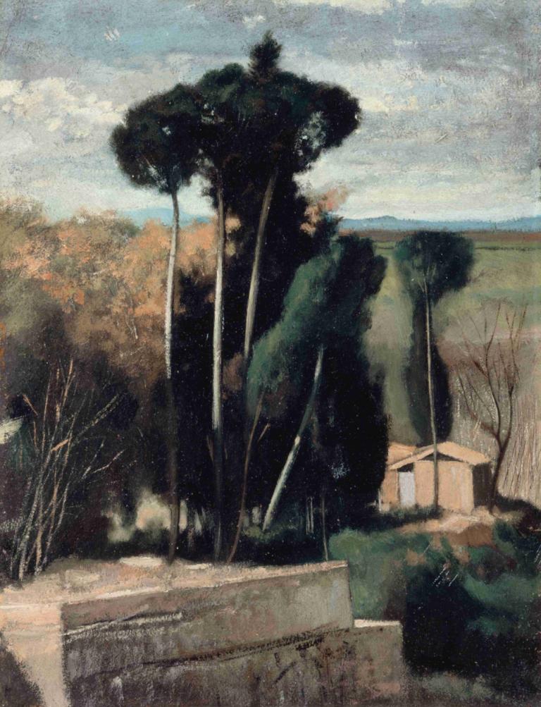 Paysage d'Italie,Jean-Jacques Henner,Oil Painting,Oil Painting, no humans, tree, outdoors, scenery, sky