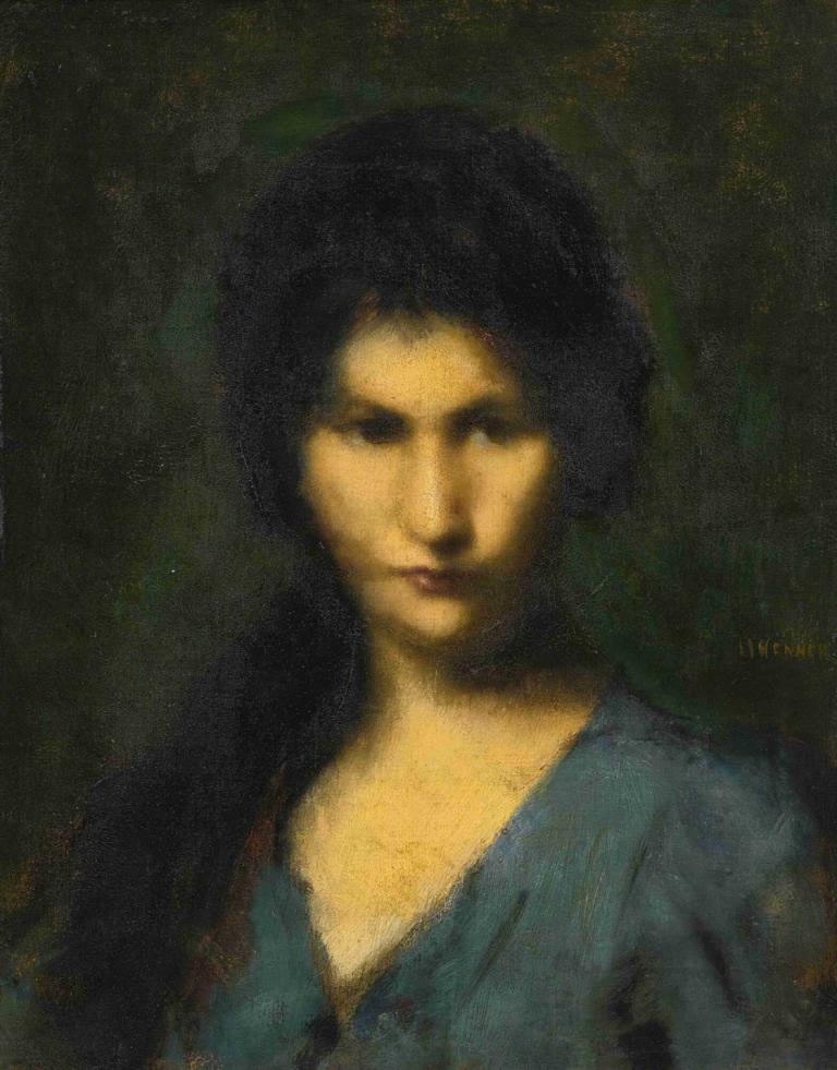 Portrait Of A Young Woman,Portret van een jonge vrouw,Jean-Jacques Henner,Olieverf,Olieverf, solo, 1meisje