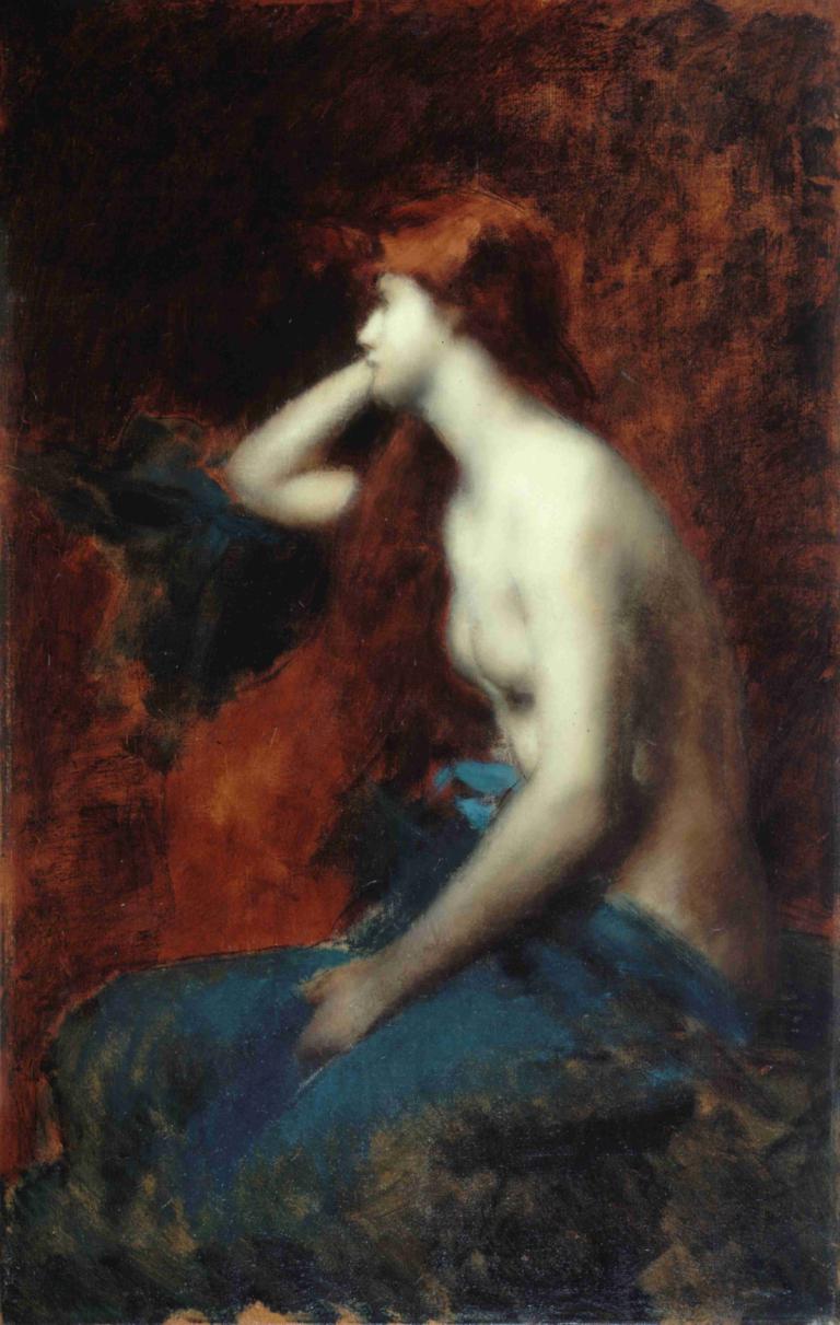 Rêverie,Reverie,Jean-Jacques Henner,Olieverf,Olieverf, 1meisje, solo, borsten, lang haar, zitten, topless