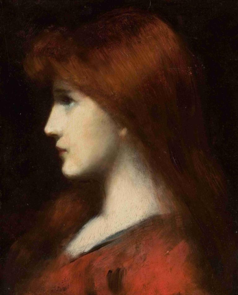 Red Haired Woman in Profile,Roodharige vrouw in profiel,Jean-Jacques Henner,Olieverf,Olieverf, 1meisje, solo