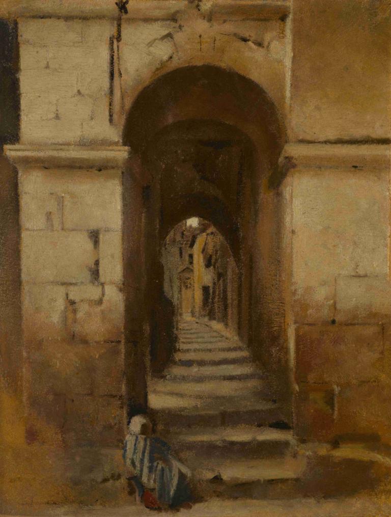 Ruelle à Rome,steegje in Rome,Jean-Jacques Henner,Olieverf,Olieverf, trap, 1 jongen, mannelijke focus, deur