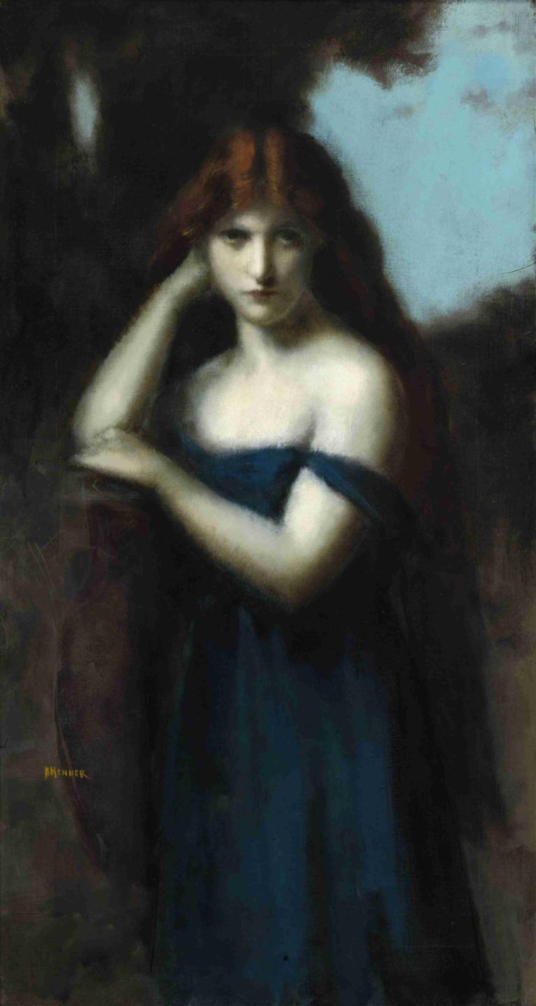 Standing Woman,Staande vrouw,Jean-Jacques Henner,Olieverf,Olieverf, 1meisje, solo, jurk, lang haar