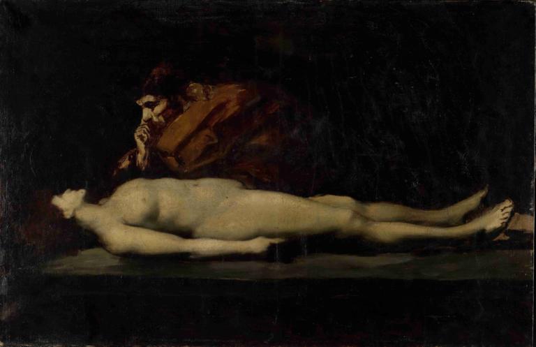 The Levite of Ephraim and His Dead Wife,De Leviet van Efraïm en zijn dode vrouw,Jean-Jacques Henner,Olieverf