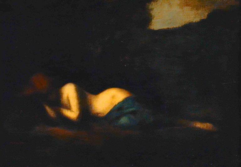 The Magdalene,De Magdalena,Jean-Jacques Henner,Olieverf,Olieverf, solo, 1meisje, liegen, donker