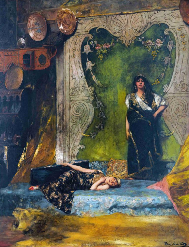 Afternoon Langour,Jean-Joseph-Benjamin Constant,Oil Painting,Oil Painting, multiple girls, black hair, 2girls