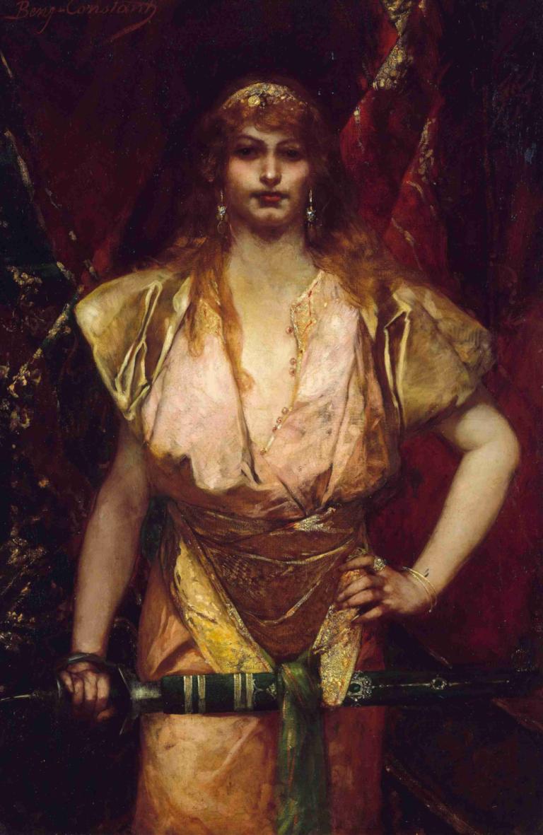 Judith,Jean-Joseph-Benjamin Constant,Ölgemälde,Ölgemälde, 1Mädchen, Solo, Schmuck, Waffe, Ohrringe