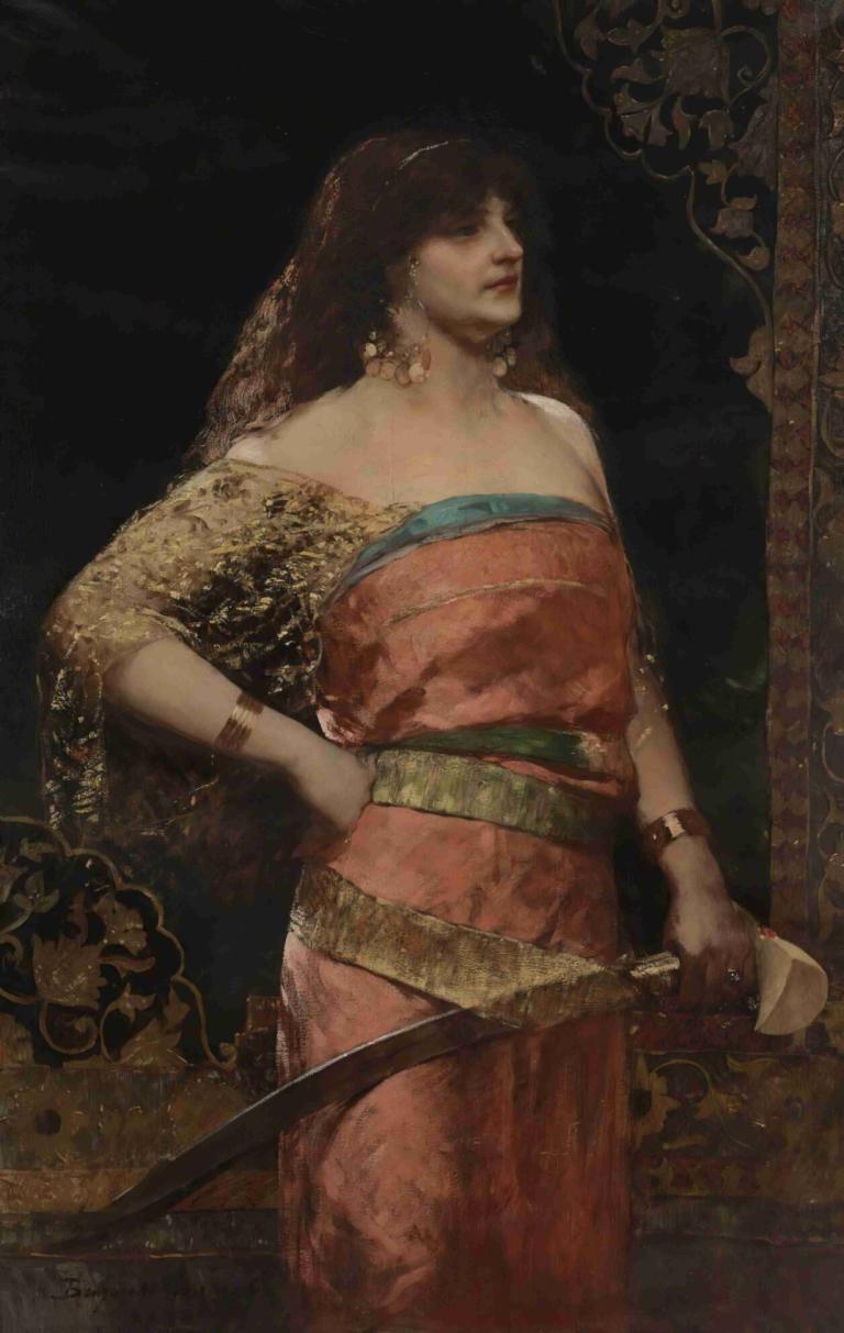 Judith,Jean-Joseph-Benjamin Constant,Oliemaleri,Oliemaleri, 1 pige, solo, smykker, kunstparodi, våben