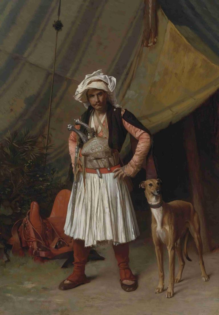 A Bashi-Bazouk And His Dog,Jean-Léon Gérôme,Oil Painting,Oil Painting, 1boy, male focus, facial hair, beard