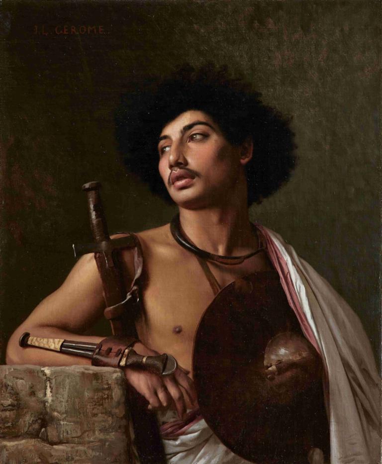 A Bischari Warrior,Jean-Léon Gérôme,Oil Painting,Oil Painting, 1boy, male focus, realistic, solo