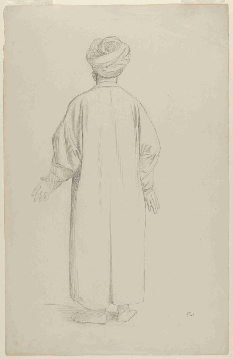 A Muslim Preparing for Prayer,Jean-Léon Gérôme,Sketch,Sketch, monochrome, solo, from behind, standing