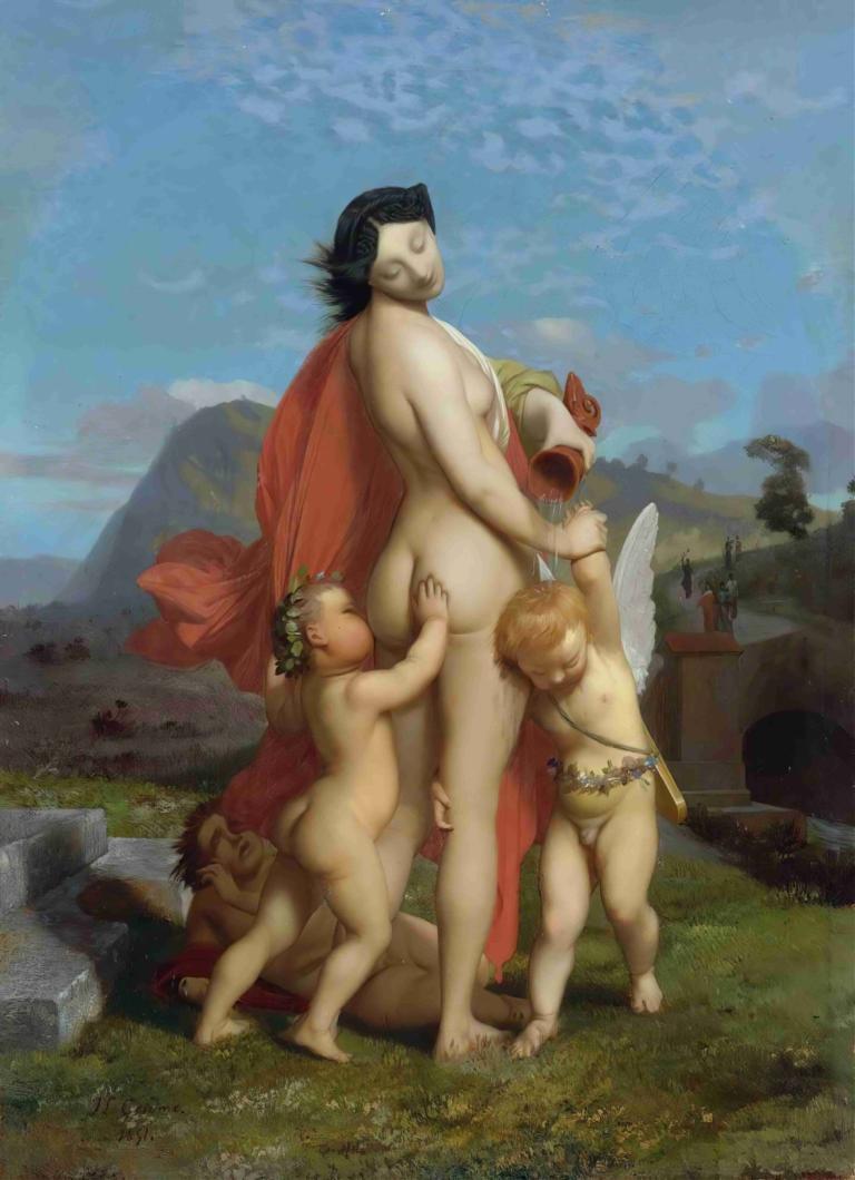 A Young Nymph Teased By Putti,Jean-Léon Gérôme,Oil Painting,Oil Painting, fine art parody, parody