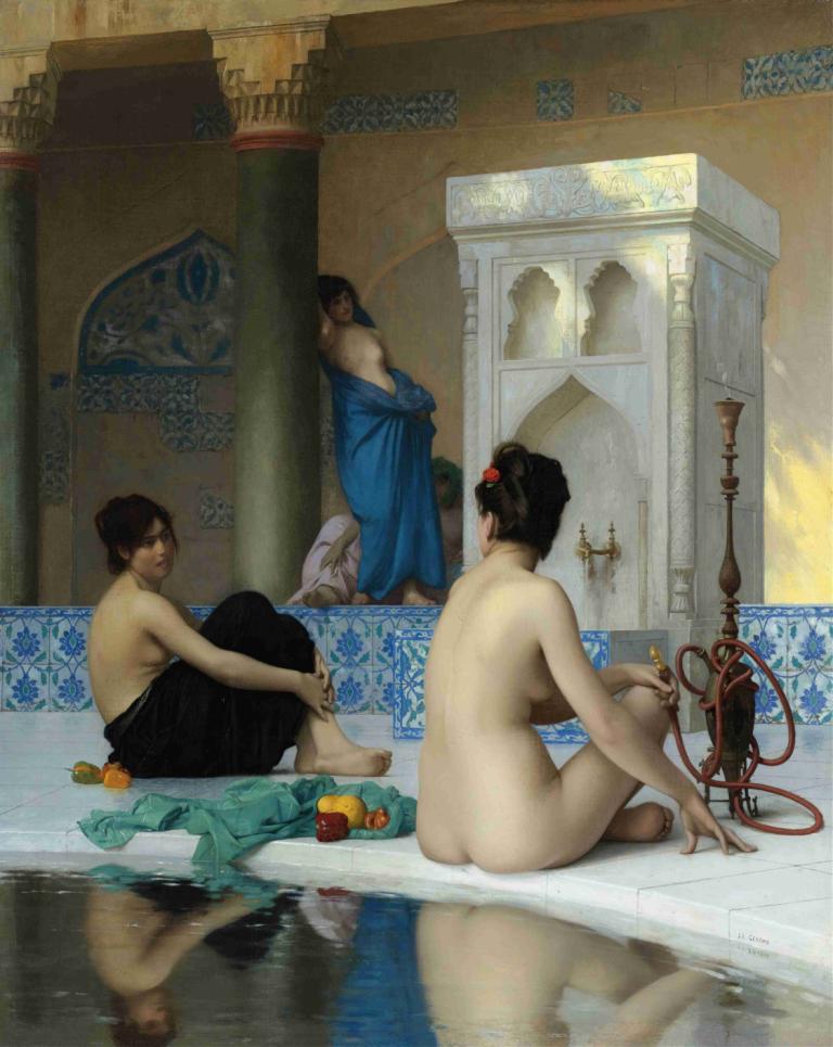 After the Bath,Jean-Léon Gérôme,Oil Painting,Oil Painting, fine art parody, nude, water, parody