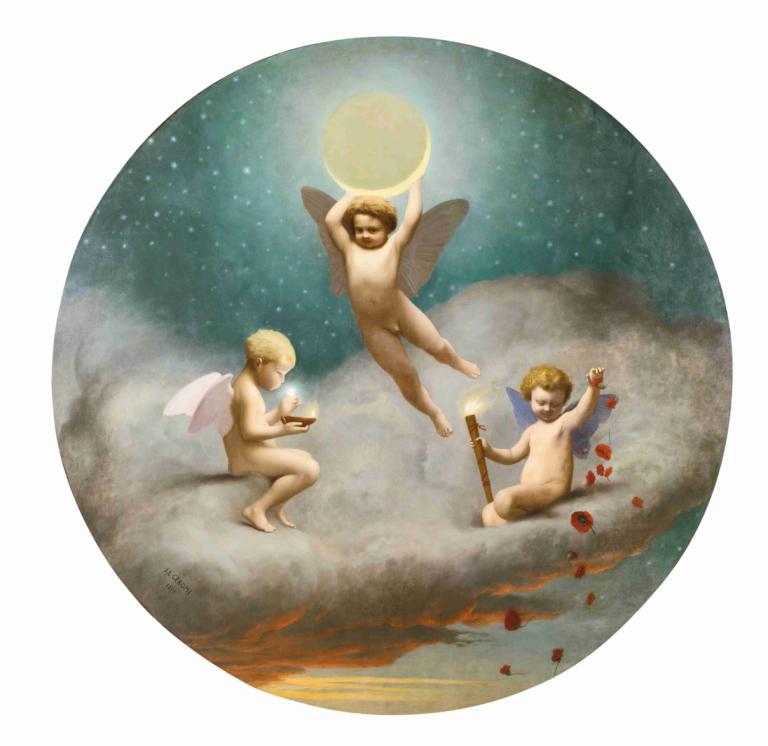 Allegory Of Night,Jean-Léon Gérôme,Oil Painting,Oil Painting, 3boys, multiple boys, wings, blonde hair, nude