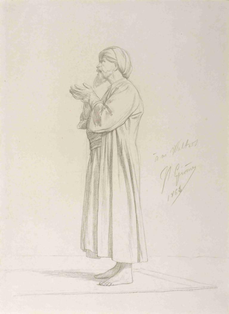 Arab Standing in Prayer,Jean-Léon Gérôme,Sketch,Sketch, barefoot, monochrome, 1girl, solo, old, sketch, skirt