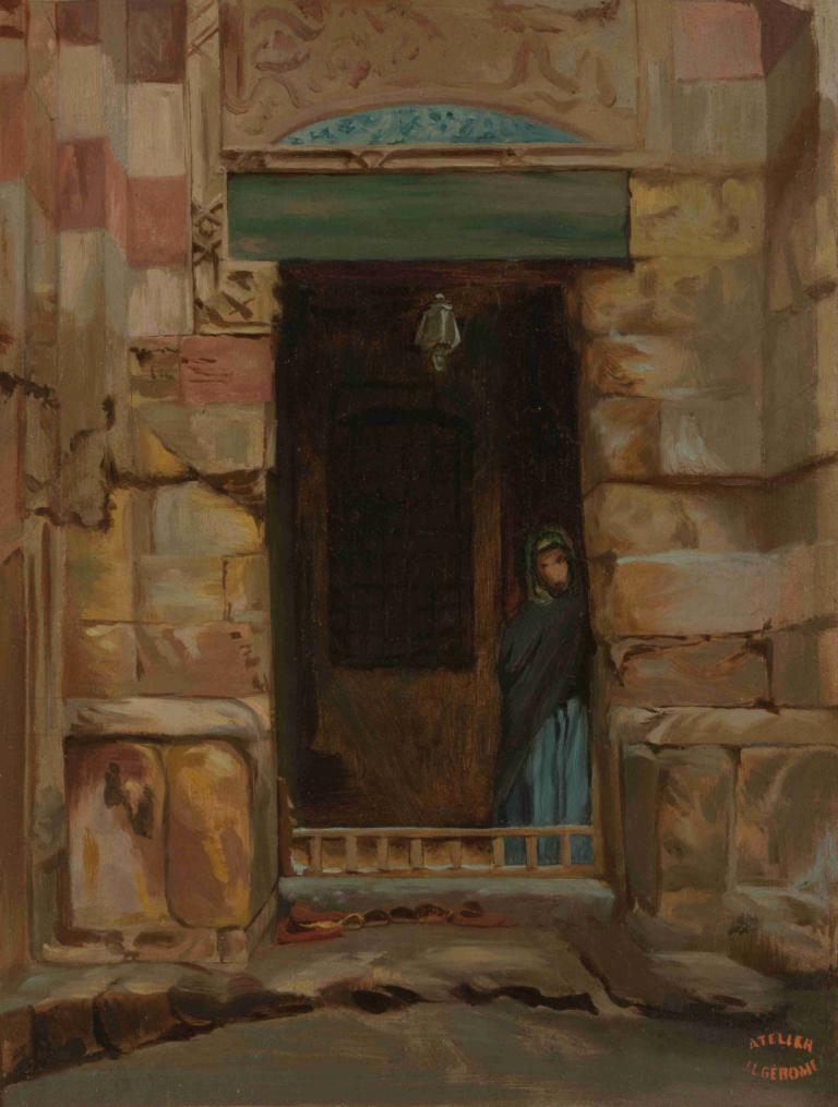 Arab Woman in a Doorway,Wanita Arab di ambang pintu,Jean-Léon Gérôme,Lukisan cat minyak,Lukisan cat minyak