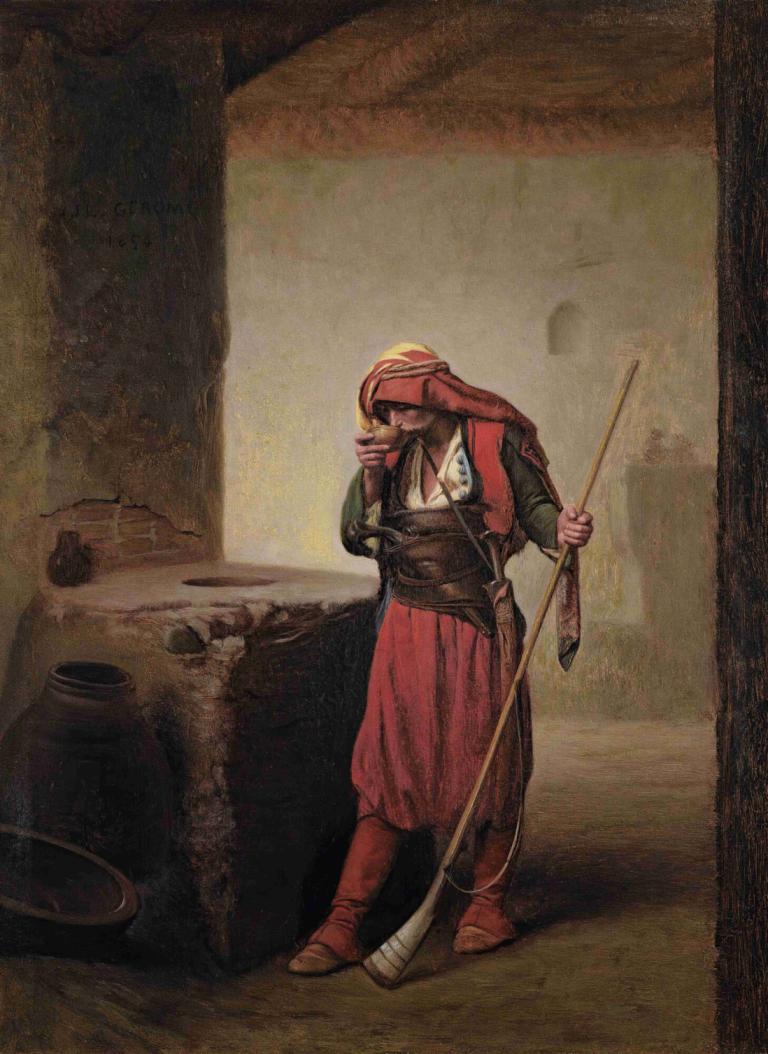 Arnaut Drinking,Arnaut İçme,Jean-Léon Gérôme,Yağlı boya,Yağlı boya, solo, 1 oğlan, erkek odak, tutma