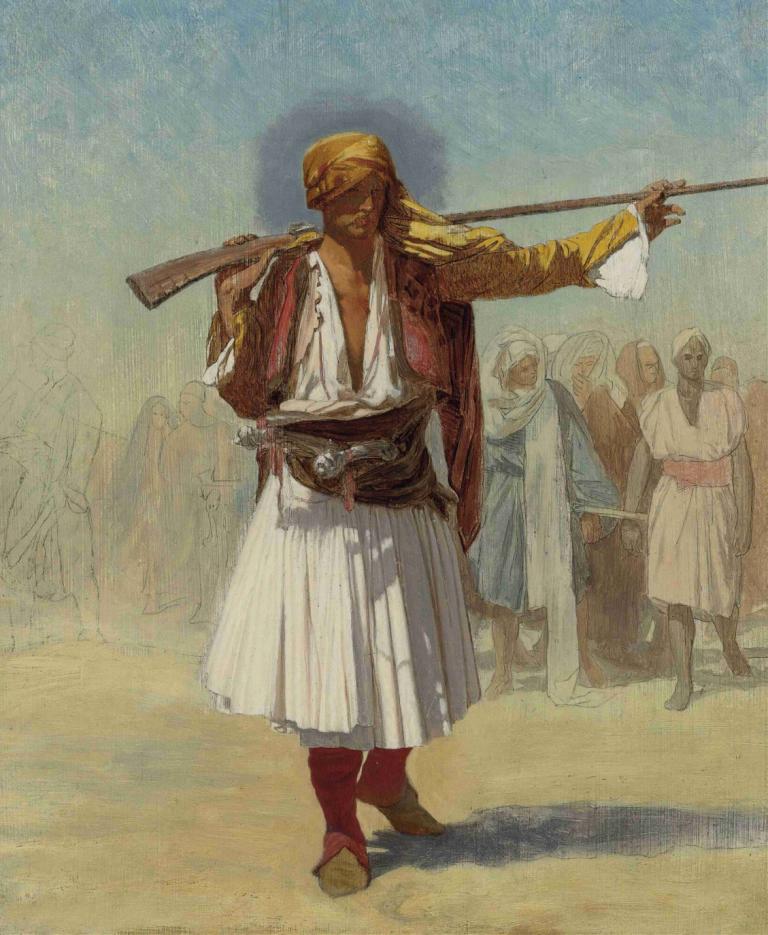 Arnaut Officer,아르나우트 장교,Jean-Léon Gérôme,장-레옹 제롬,오일 페인팅,오일 페인팅, 무기, 총, 보유, 무기를 들고, 골동품 총기, 남성 집중, 여러 소년, 소총