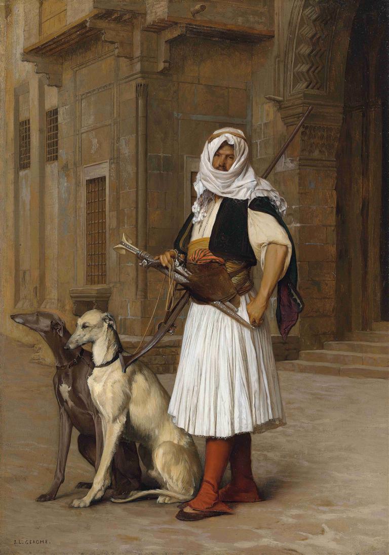 Arnaut and two Whippets,Jean-Léon Gérôme,Oil Painting,Oil Painting, 1boy, weapon, bow (weapon), dog, hood